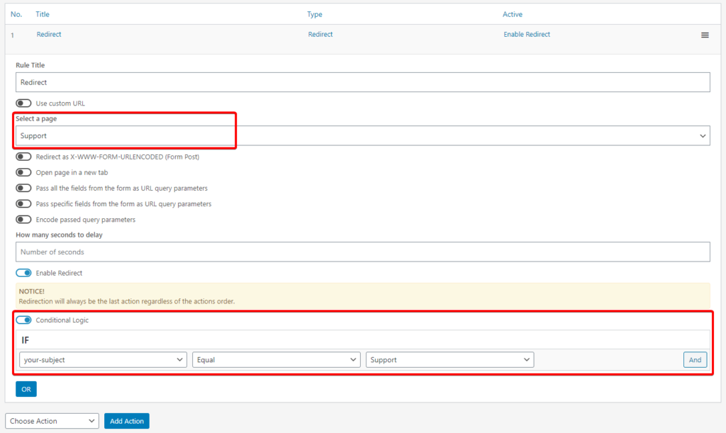 Redirect action settings